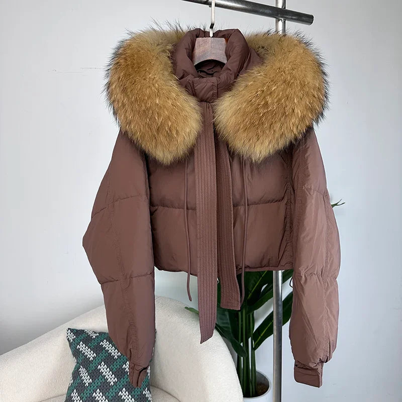 Nouvelle doudoune en duvet pour femmes - Veste d'hiver ample avec col en véritable fourrure de renard et raton laveur - À capuche, épaisse et chaude - Mode streetwear - Extérieur avec parties détachables