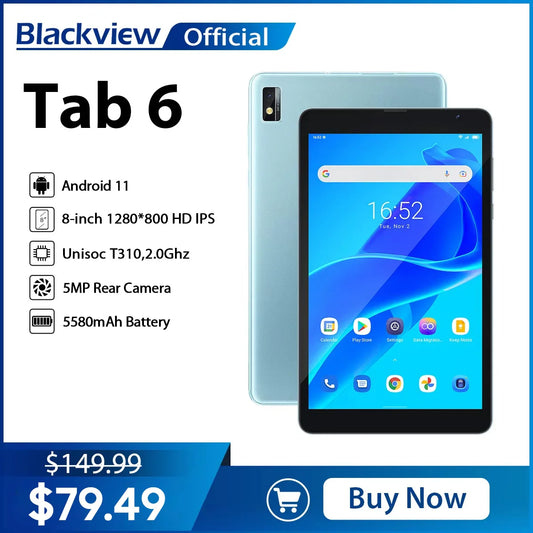 Blackview-Tablette Tab 6 Android 11, 8 ", 3 Go, 32 Go, 5580mAh, 4G, WiFi, Permanence, Tablettes d'appel téléphonique, Kindle Ebook