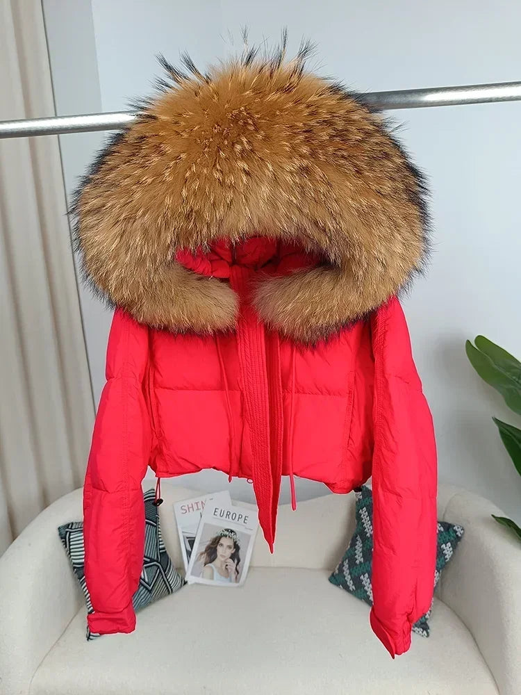 Nouvelle doudoune en duvet pour femmes - Veste d'hiver ample avec col en véritable fourrure de renard et raton laveur - À capuche, épaisse et chaude - Mode streetwear - Extérieur avec parties détachables