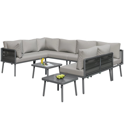 Canapé d'angle extérieur résistant aux intempéries, mobilier de patio extérieur, dormez 8, avec 2 tables et 4 sièges d'amour, coussins inclus