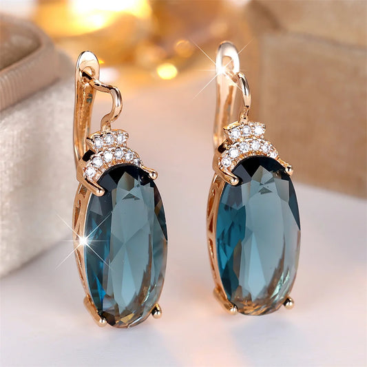 Grandes boucles d'oreilles ovales en pierre de Zircon bleu pour femmes, Vintage, mode, couleur or, boucle d'oreille, bijoux de mariage, cadeaux de fête d'anniversaire