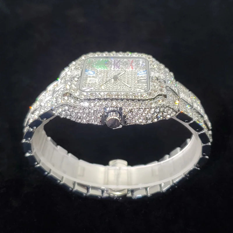 Montre en diamant de luxe pour hommes, montres numérotées colorées carrées glacées, bijoux Hip Hop Bling, Reloj zones bre pour la fête, nouvelle mode, 2025