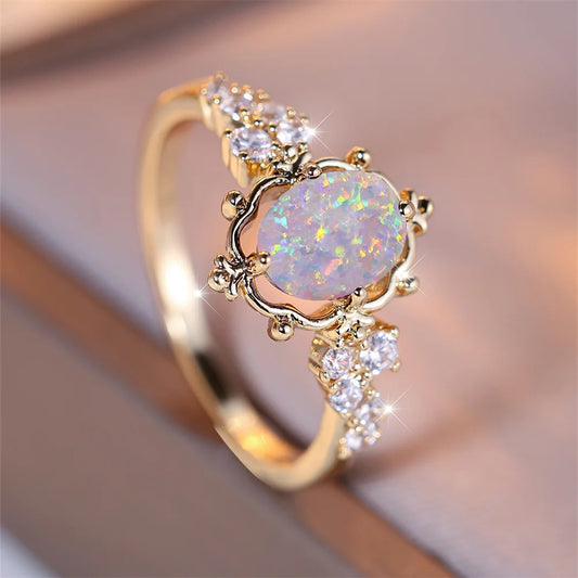 Bagues ovales en pierre de opale de feu blanche pour femmes, Vintage, couleur or, bague de mariage, pierre de naissance, bijoux, cadeau de fiançailles