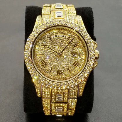 TikTok montre-bracelet en diamant pour hommes de luxe plaqué or 18 carats montres à quartz jour Date discothèque montre de fête unisexe rappeur bijoux