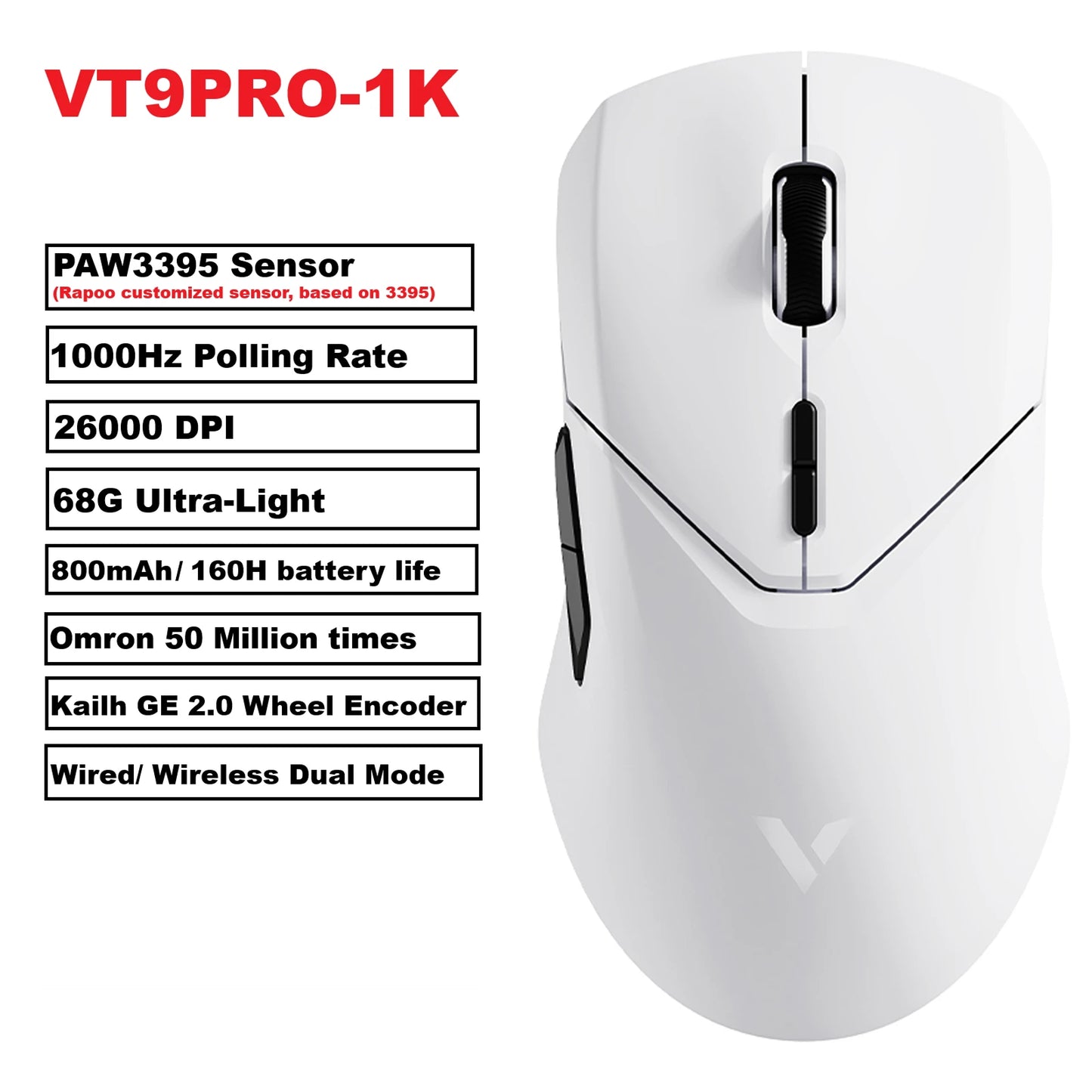 Rapoo VT9PRO – Souris de jeu sans fil légère 68g, 26000 DPI, autonomie 160H