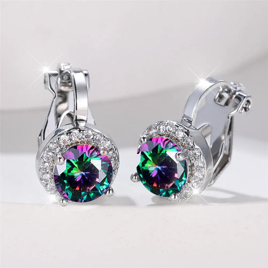 Boucles d'oreilles rondes en pierre de Zircon arc-en-ciel pour femmes, petites boucles d'oreilles à Clip, breloque couleur or jaune, bijoux de mariage pour femmes