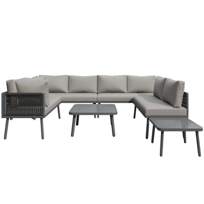 Canapé d'angle extérieur résistant aux intempéries, mobilier de patio extérieur, dormez 8, avec 2 tables et 4 sièges d'amour, coussins inclus