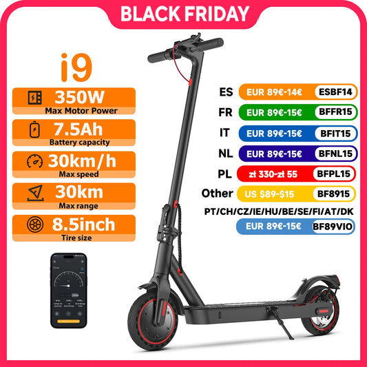 iScooter Trottinette électrique i9 8,5 pouces 350 W 7,5 Ah 30 km/h pour adultes, autonomie maximale de 30 km, avec application