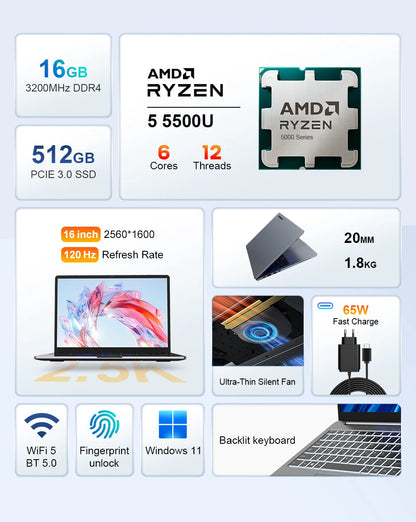 Ninkear A15 Pro – Ordinateur portable 16’’ IPS 2.5K, AMD Ryzen 5, 16GB DDR4, 512GB, Windows 11 Pro