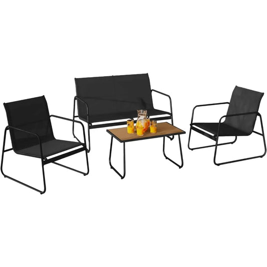 Salon de jardin 4 places avec canapé, fauteuils et table noir et bois