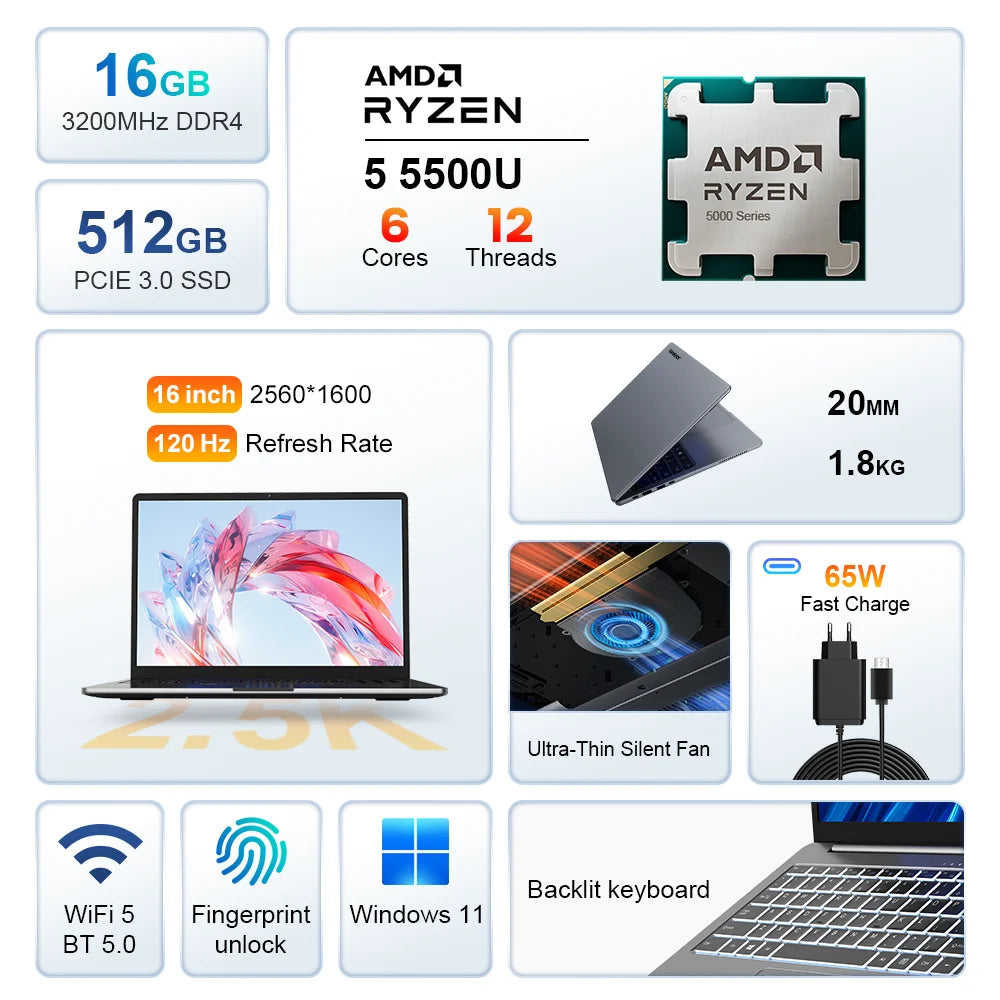 Ninkear A15 Pro – Ordinateur portable 16’’ IPS 2.5K, AMD Ryzen 5, 16GB DDR4, 512GB, Windows 11 Pro