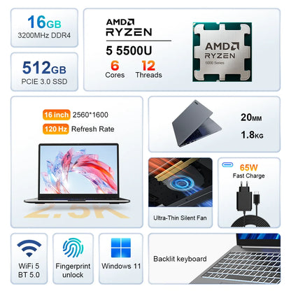 Ninkear A15 Pro – Ordinateur portable 16’’ IPS 2.5K, AMD Ryzen 5, 16GB DDR4, 512GB, Windows 11 Pro
