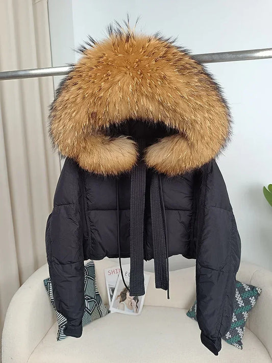 Nouvelle doudoune en duvet pour femmes - Veste d'hiver ample avec col en véritable fourrure de renard et raton laveur - À capuche, épaisse et chaude - Mode streetwear - Extérieur avec parties détachables