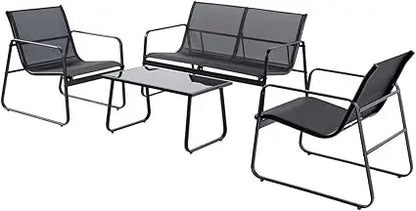 Salon de jardin 4 places en métal noir |   1 canapé + 2 fauteuils + 1 table basse |   Dessus en verre trempé de 5 mm |   Structures en acier