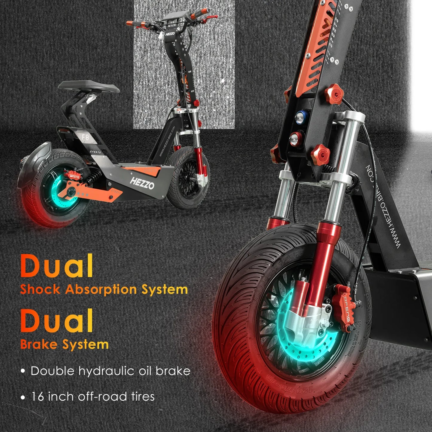 HEZZO F8 Electric Scooter 16 Inch Foldable 72v 8000W 62.5MPH 50Ah Long Range Off Road Escooter Motorbike With Seat US Warehouse