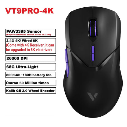 Rapoo VT9PRO – Souris de jeu sans fil légère 68g, 26000 DPI, autonomie 160H