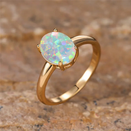 Grande bague de fiançailles en pierre ovale, opale de feu blanche, anneaux d'œuf pour femmes, Vintage, couleur or, bandes de mariage, bijoux, accessoire minimaliste