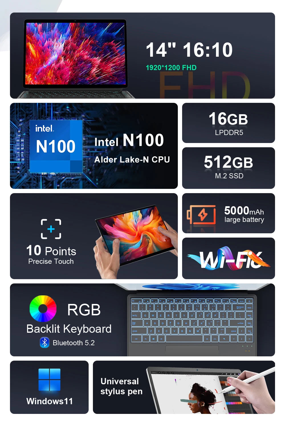 PC Portable 2-en-1 : Performance et Polyvalence avec l'écran tactile 1200P