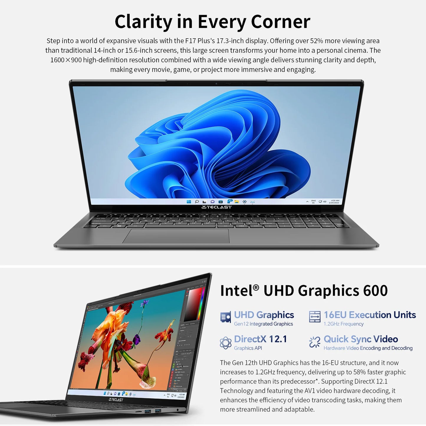 💻 Teclast F17Plus – Ordinateur portable 17.3" IPS, Intel N95, 16GB RAM, 512GB SSD
