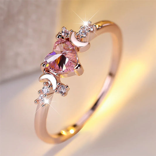 Bague petite lune pour femmes, mignonne, élégante, en cristal Rose, en forme de cœur, en pierre, Vintage, couleur or Rose, bracelet de mariage, bijoux de mariée