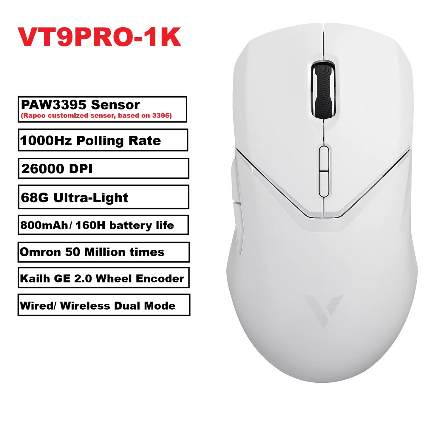 Rapoo VT9PRO – Souris de jeu sans fil légère 68g, 26000 DPI, autonomie 160H