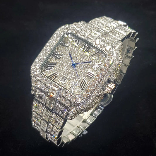 Montre de luxe en diamant pour hommes, Style Hip Hop, scintillante, glacée, mode carrée, en acier inoxydable, étanche, horloge 2024