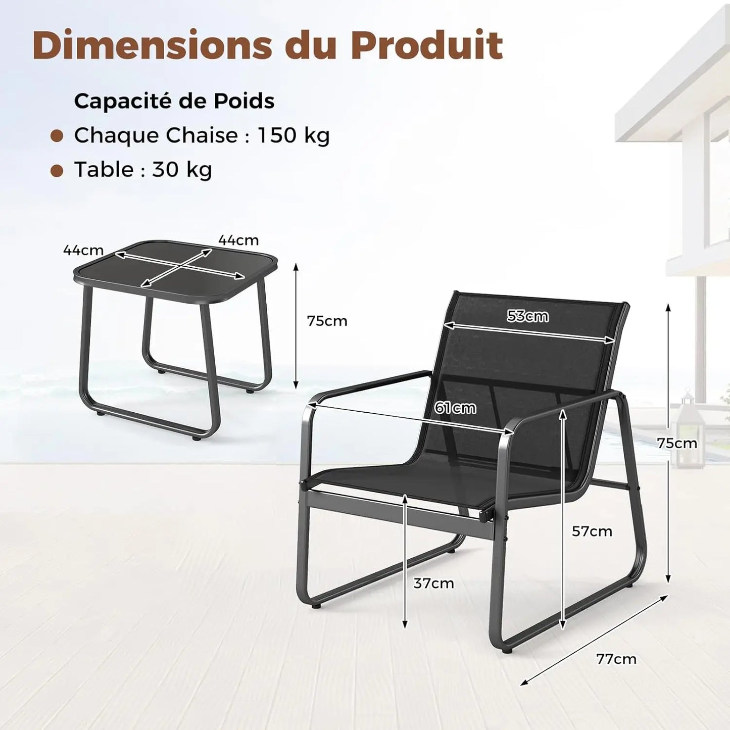 Ensemble de meubles de jardin pour 2 personnes, 3 tables basses avec 2 fauteuils de jardin, salon bistro avec structure en métal, pour jardin, balcon