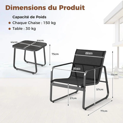 Ensemble de meubles de jardin pour 2 personnes, 3 tables basses avec 2 fauteuils de jardin, salon bistro avec structure en métal, pour jardin, balcon