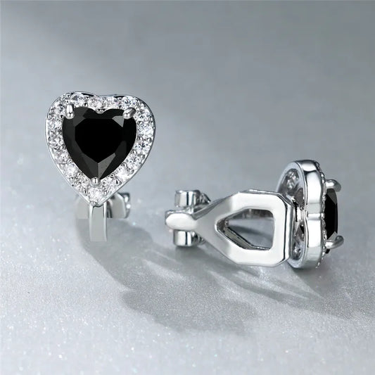 Boucles d'oreilles Vintage à Clip en pierre noire, cristal rose, Zircon blanc, cœur d'amour pour femmes, bijoux délicats en pierre de naissance couleur argent