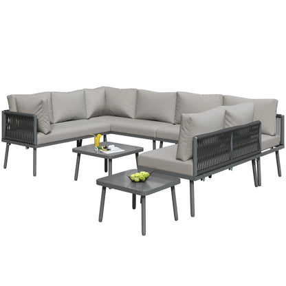 Canapé d'angle extérieur résistant aux intempéries, mobilier de patio extérieur, dormez 8, avec 2 tables et 4 sièges d'amour, coussins inclus