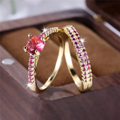 Ensemble de bagues de fiançailles rondes en pierre de Zircon vert cristal pour femmes, bijoux de mariage de luxe couleur or jaune pour femmes