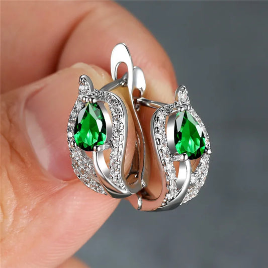 Boucles d'oreilles en pierre goutte d'eau pour femmes, mignonnes, multicolores, Zircon, feuille de cristal de luxe, breloque, couleur argent, boucles d'oreilles de mariage pour femmes