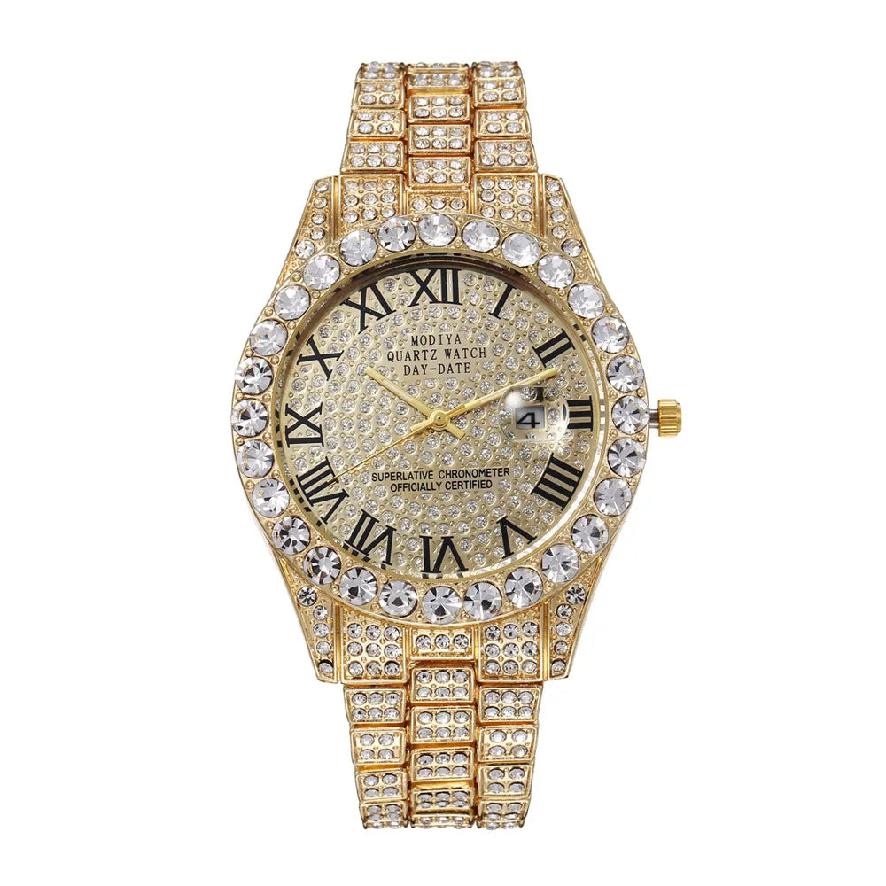 Hip Hop glacé hommes montre pleine AAA strass autour de luxe montres à Quartz horloge ronde unisexe montre-bracelet cadeau pour petit ami