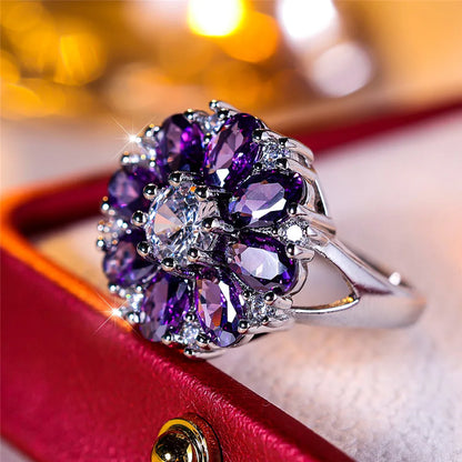 Bague de fiançailles de luxe en cristal violet pour femmes, fleur de soleil, Vintage, couleur argent, bijoux de mariage pour femmes