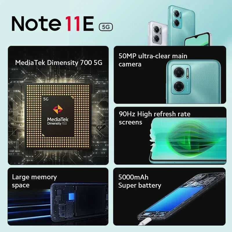 Firmware mondial Xiaomi Redmi Note 11E 5G Smartphone 5000mAh Charge Dimensity 700 50MP Caméra 90Hz Affichage téléphone utilisé