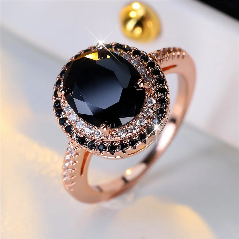 Bagues ovales de luxe en pierre de Zircon noir pour femmes, Vintage, couleur argent, bracelet de mariage, bijoux de mariée, cadeau de fiançailles