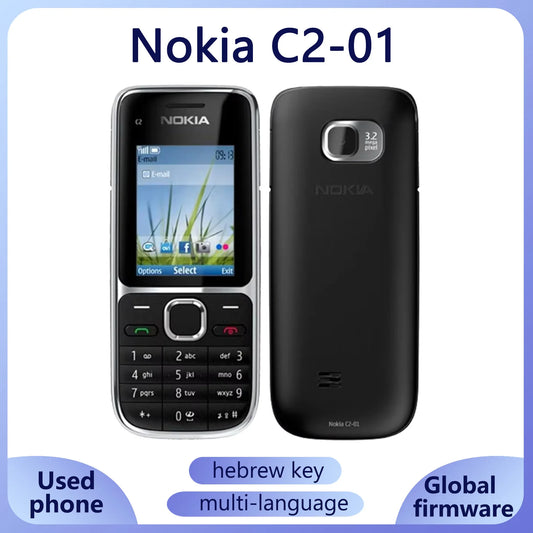 Nokia C2-01 classique QWERTY double SIM débloqué 2G 2MP caméra longue veille avec clé hebrew téléphone utilisé