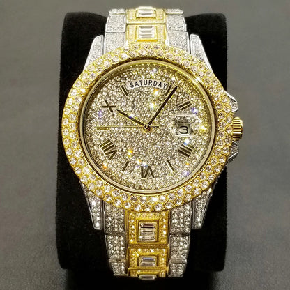 TikTok montre-bracelet en diamant pour hommes de luxe plaqué or 18 carats montres à quartz jour Date discothèque montre de fête unisexe rappeur bijoux