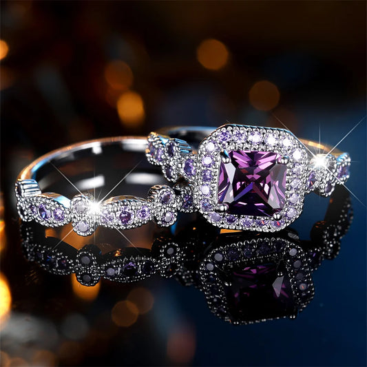 Ensemble de bagues de fiançailles en pierre carrée pour femmes, cristal violet, promesse, Vintage, couleur argent, bijoux de mariage, ensemble cadeau de mariée, 2 pièces/ensemble