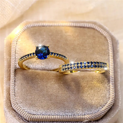 Ensemble de bagues de fiançailles rondes en pierre de Zircon vert cristal pour femmes, bijoux de mariage de luxe couleur or jaune pour femmes