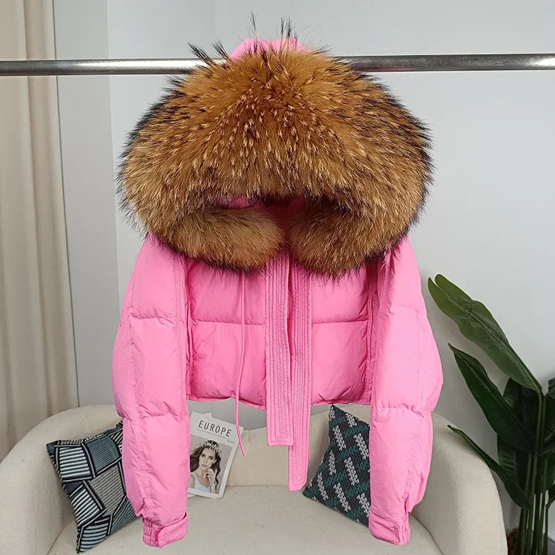 Nouvelle doudoune en duvet pour femmes - Veste d'hiver ample avec col en véritable fourrure de renard et raton laveur - À capuche, épaisse et chaude - Mode streetwear - Extérieur avec parties détachables