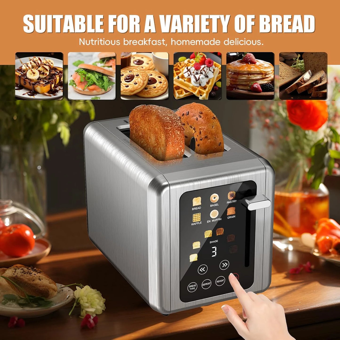 Grille-Pain BAIHUAN KST075AE – Acier Inoxydable, 2 Tranches, Minuterie Digitale