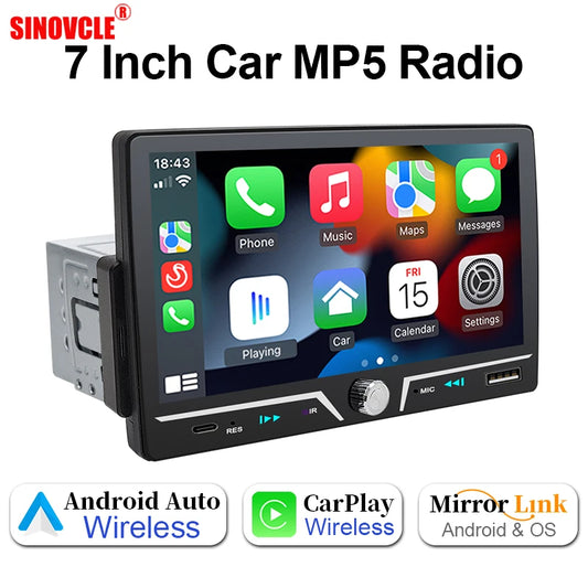 Autoradio Hippcron 1DIN 7" IPS – Android Auto &amp; CarPlay Sans Fil, Bluetooth, Mirror Link, Chargeur Type-C