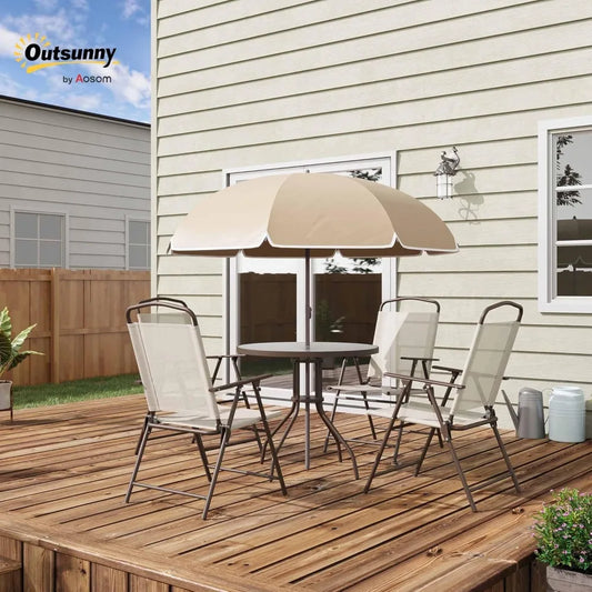 Ensemble de meubles de jardin 6 pièces, table ronde + 4 chaises pliantes + parasol, café en acier époxy textilène polyester beige