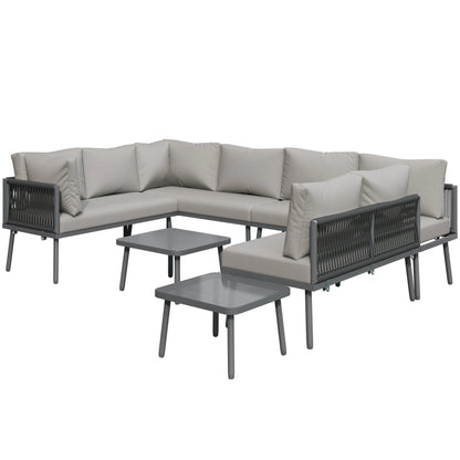 Canapé d'angle extérieur résistant aux intempéries, mobilier de patio extérieur, dormez 8, avec 2 tables et 4 sièges d'amour, coussins inclus