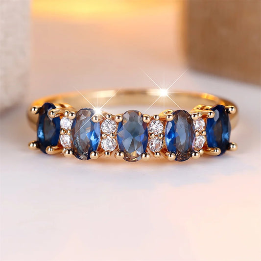 Bagues ovales en pierre ovale en cristal bleu à une rangée pour femmes, bague de fiançailles Vintage couleur or, bijoux de mariage, cadeaux d'anniversaire de mariée