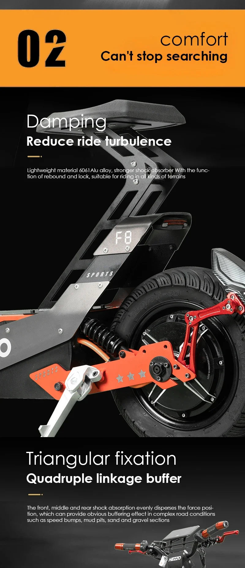 HEZZO F8 Scooter électrique 16 pouces pliable 72v 8000W 62.5MPH 50Ah longue portée hors route Escooter moto avec siège entrepôt américain