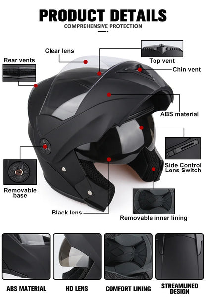Uchoose Casque à Section transversale Double lentille Certification DOT Casque de moto de sécurité Casque à rabat modulaire Casque unisexe avec visière