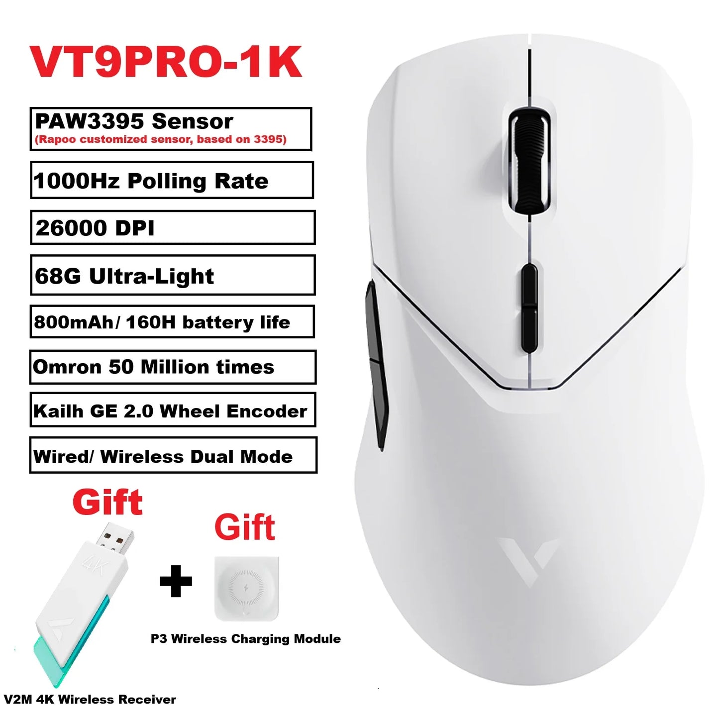 Rapoo VT9PRO – Souris de jeu sans fil légère 68g, 26000 DPI, autonomie 160H