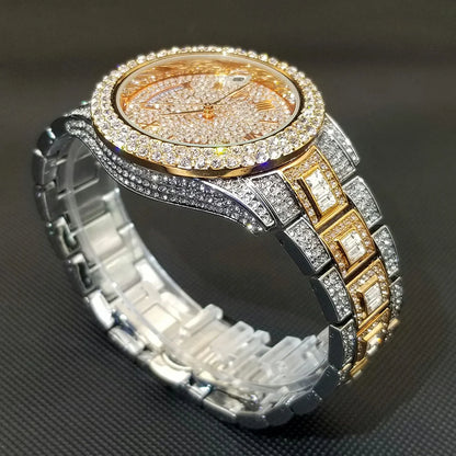 TikTok montre-bracelet en diamant pour hommes de luxe plaqué or 18 carats montres à quartz jour Date discothèque montre de fête unisexe rappeur bijoux